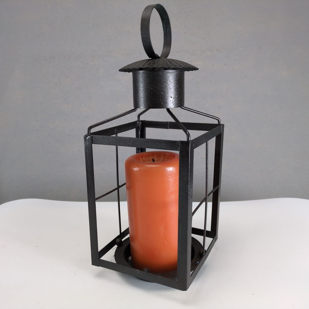 Black‎ Metal 12" Lantern Candle Holder w/ Pillar Candle Farmhouse Hanging Decor